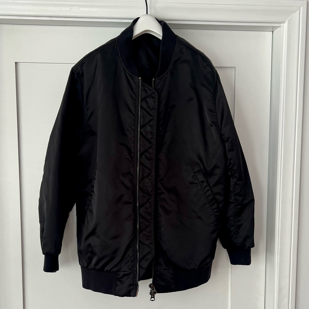 Acne Bomber jacket. Black satin and silk. Oversized. Medium.